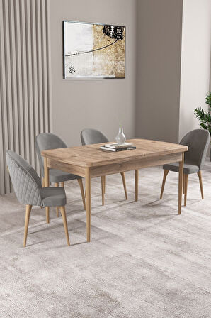 Milas Atlantik Çam 80x132 Açılabilir Mdf Masa Yemek Odası Takımı, Mutfak Takımı 4 Adet Sandalye