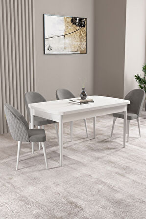 Milas Beyaz 80x132 Açılabilir Mdf Masa Yemek Odası Takımı, Mutfak Takımı 4 Adet Sandalye