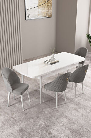 Milas Beyaz 80x132 Açılabilir Mdf Masa Yemek Odası Takımı, Mutfak Takımı 4 Adet Sandalye