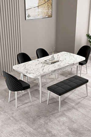 Milas Beyaz 80x132 MDF Açılabilir Mutfak Masası Takımı 4  Sandalye