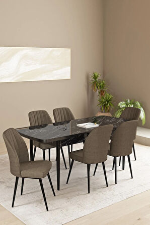 Milas Beyaz Mermer Desen 80x132 MDF Açılabilir Yemek Masası Takımı 4  Sandalye