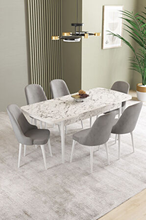 Ikon Beyaz Mermer 80x132 Açılabilir Mdf Masa Yemek Odası Takımı, Mutfak Takımı 6 Adet Sandalye