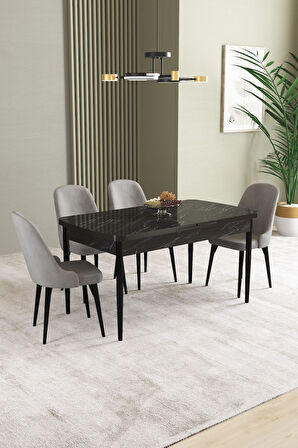 Ikon Siyah Mermer 80x132 Açılabilir Mdf Masa Yemek Odası Takımı, Mutfak Takımı 4 Adet Sandalye