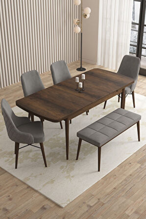 Mazaka Barok Desen 80x132 Açılabilir Mdf Masa Yemek Odası Takımı, Mutfak Takımı 4 Sandalye 1 Bench