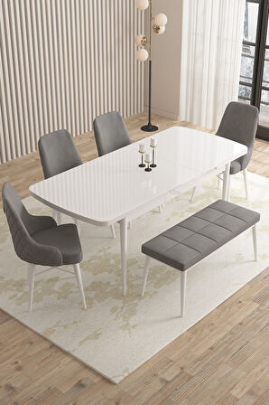 Mazaka Beyaz 80x132 Açılabilir Mdf Masa Yemek Odası Takımı, Mutfak Takımı 4 Sandalye 1 Bench
