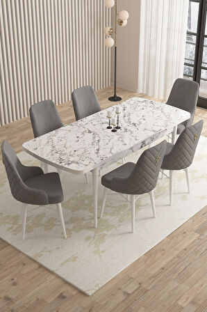 Mazaka Beyaz Mermer 80x132Açılabilir Mdf Masa Yemek Odası Takımı,Mutfak Takımı 6 Adet Sandalye