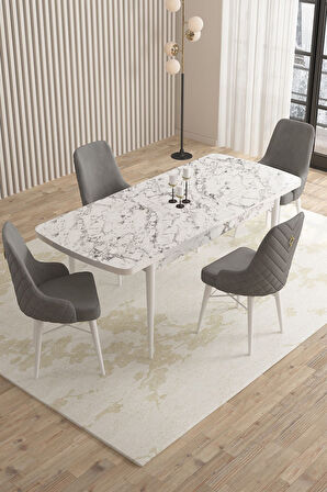 ​​​​​​Mazaka Beyaz Mermer 80x132Açılabilir Mdf Masa Yemek Odası Takımı,Mutfak Takımı 4 Adet Sandalye