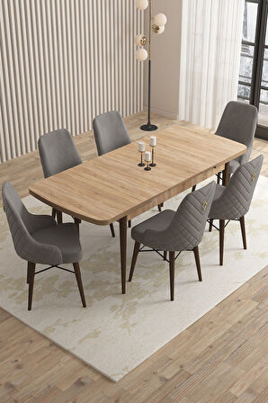 Mazaka Meşe Desen 80x132 Açılabilir Mdf Masa Yemek Odası Takımı, Mutfak Takımı 6 Adet Sandalye 