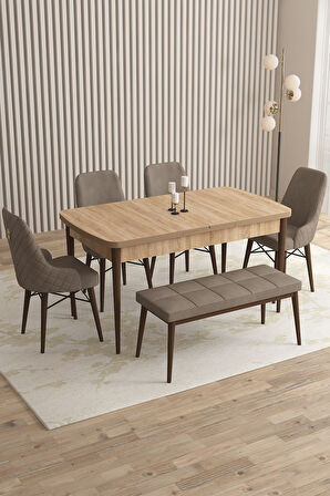 Mazaka Meşe Desen 80x132 Açılabilir Mdf Masa Yemek Odası Takımı, Mutfak Takımı 4 Sandalye 1 Bench