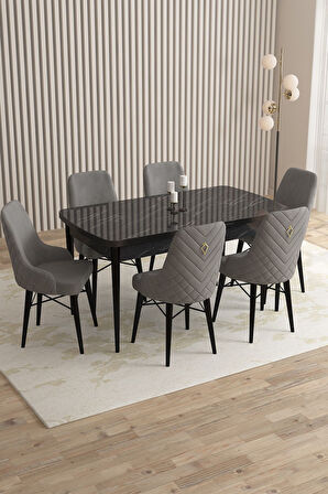 Mazaka Siyah Mermer 80x132 Açılabilir Mdf Masa Yemek Odası Takımı, Mutfak Takımı 6 Adet Sandalye