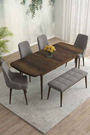 Meri Serisi Barok 80x132 Açılabilir Mdf Masa Yemek Odası Takımı, Mutfak Takımı 4 Sandalye 1 Bench