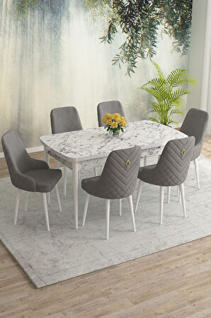 Meri Beyaz Mermer 80x132 Açılabilir Mdf Masa Yemek Odası Takımı,Mutfak Takımı 6 Adet Sandalye