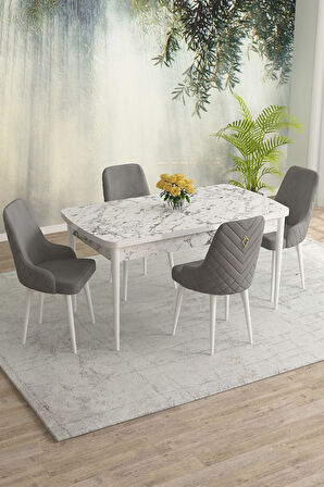 Meri Beyaz Mermer 80x132 Açılabilir Mdf Masa Yemek Odası Takımı,Mutfak Takımı 4 Adet Sandalye