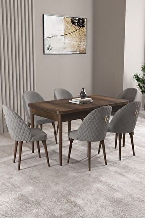 ​​​​​​​Milas Barok Desen 80x132 Açılabilir Mdf Masa Yemek Odası Takımı, Mutfak Takımı 6 Sandalye