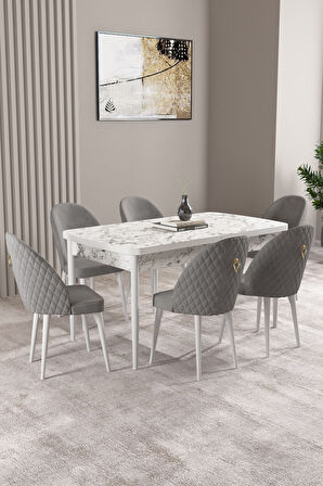 Milas Beyaz Mermer Desen 80x132 Açılabilir Mdf Masa Yemek Odası Takımı, Mutfak Takımı 6 Sandalye