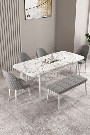 Milas Beyaz Mermer 80x132 Açılabilir Mdf Masa Yemek Odası Takımı, Mutfak Takımı 4 Sandalye, 1 Bench