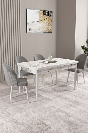 Milas Beyaz Mermer Desen 80x132 Açılabilir Mdf Masa Yemek Odası Takımı, Mutfak Takımı 4 Sandalye