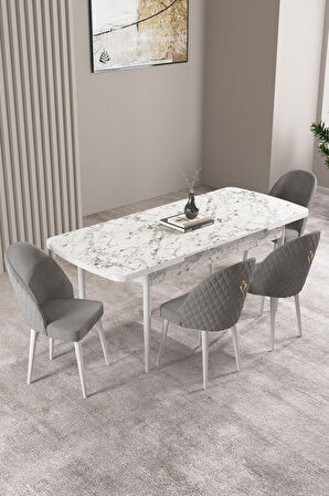 Milas Beyaz Mermer Desen 80x132 Açılabilir Mdf Masa Yemek Odası Takımı, Mutfak Takımı 4 Sandalye