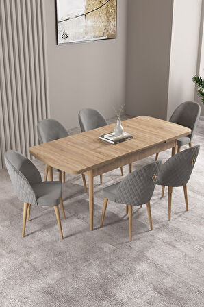 Milas Meşe Desen 80x132 Açılabilir Mdf Masa Yemek Odası Takımı, Mutfak Takımı 6 Adet Sandalye