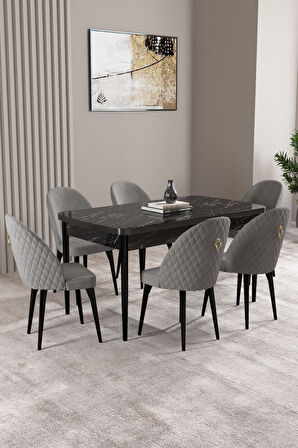 Milas Siyah Mermer Desen 80x132 Açılabilir Mdf Masa Yemek Odası Takımı,Mutfak Takımı 6 Adet Sandalye