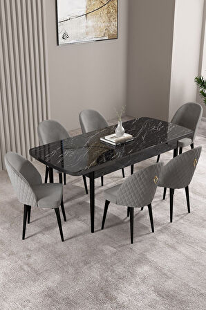 Milas Siyah Mermer Desen 80x132 Açılabilir Mdf Masa Yemek Odası Takımı,Mutfak Takımı 6 Adet Sandalye