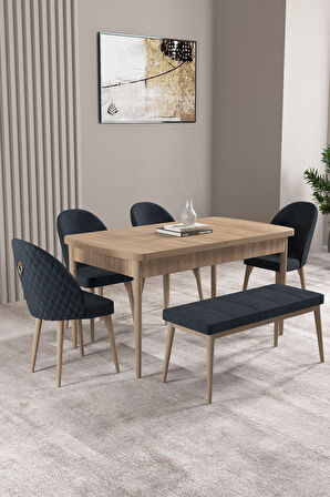 Milas Meşe Desen 80x132 Açılabilir Mdf Masa Yemek Odası Takımı, Mutfak Takımı 4 Sandalye, 1 Bench