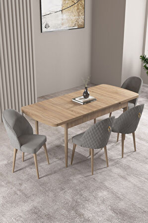 Milas Meşe Desen 80x132 Açılabilir Mdf Masa Yemek Odası Takımı, Mutfak Takımı 4 Adet Sandalye