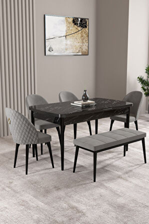 Milas Siyah Mermer Desen 80x132 Açılabilir Mdf Masa Yemek Odası Takımı,Mutfak Takımı 4 Sandalye, 1 B