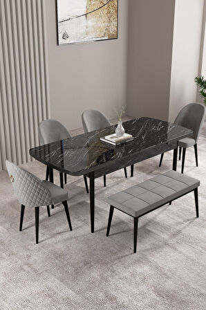 Milas Siyah Mermer Desen 80x132 Açılabilir Mdf Masa Yemek Odası Takımı,Mutfak Takımı 4 Sandalye, 1 B