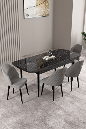 Milas Siyah Mermer Desen 80x132 Açılabilir Mdf Masa Yemek Odası Takımı,Mutfak Takımı 4 Adet Sandalye