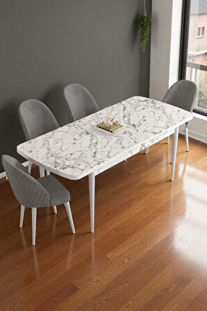 Mura Beyaz Mermer 80x132 Açılabilir Mdf Masa Yemek Odası Takımı, Mutfak Takımı 4 Adet Sandalye
