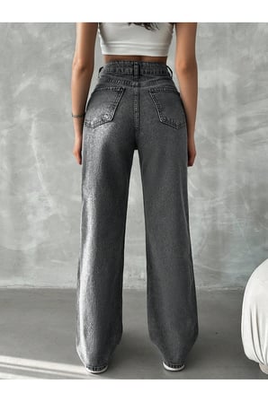Lenithra Kadın Yüksel Bel Palazzo Geniş Paça Salaş Denim Jean Likrasız Füme / 40