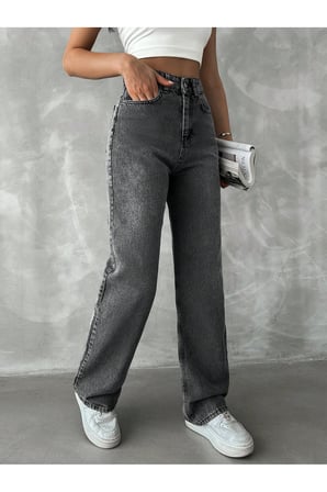 Lenithra Kadın Yüksel Bel Palazzo Geniş Paça Salaş Denim Jean Likrasız Füme / 40