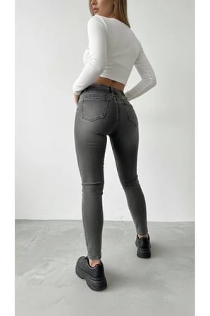 Kadın Yüksek Bel Skinny Power Likra Dar Paça Jean Koyu Gri / 42