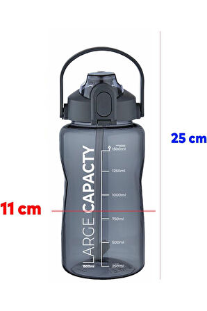Sağlıklı Polikarbon 1.5 Litre Büyük Kapasiteli Su Matarası Pipetli Suluk Gri