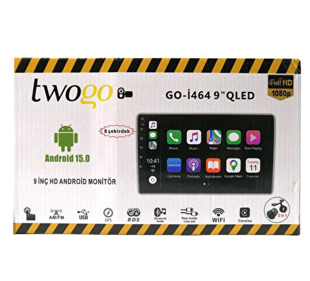 Twogo GO-İ464 QLED 9 Inch 4GB+64GB Android 15 Tablet Ekran 4x60W USB Kablosuz Carplay Android Auto