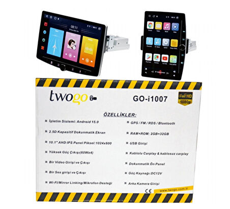 Twogo GO-i1007 Android Monitör 10,1 inç HD Dokunmatik Ekran Carplay, 2GB+32GB 60Wx4 GPS BT