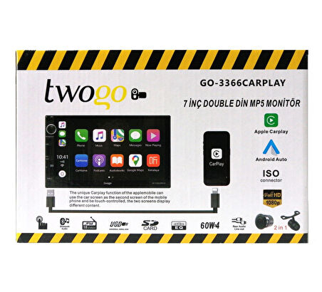 Twogo Go 3366CARPLAY 7 Inch Double Teyp Kablolu Carplay Andorid Auto Bluetooth/USB/4x60W Çıkışlı/Geri Görüş Kamerası