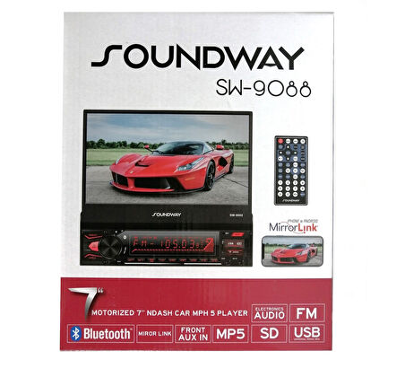 Soundway SW-9088 7 Inch Indash Teyp BT/Mirror Link/USB/SD/Kumanda/4*50W/Geri Görüş Kamerası/2 Amfi Çıkışlı