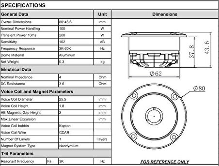 For-x TX-78N Neo Tweeter 200W Maksimum Güç 100W RMS