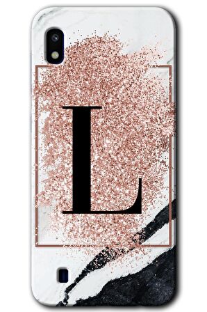 Galaxy A10 Kılıf HD Desen Baskılı Arka Kapak - Pembe Mermer Desenli L Harfi 