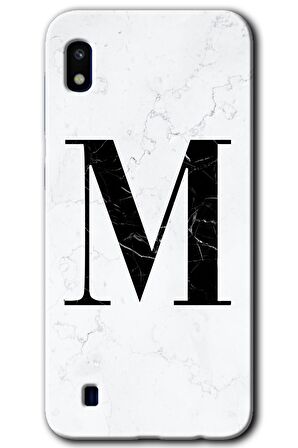 Galaxy A10 Kılıf HD Desen Baskılı Arka Kapak - Beyaz Mermer Desenli M Harfi 
