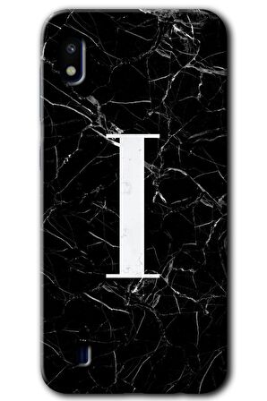 Galaxy A10 Kılıf HD Desen Baskılı Arka Kapak - Siyah Mermer Desenli I Harfi 
