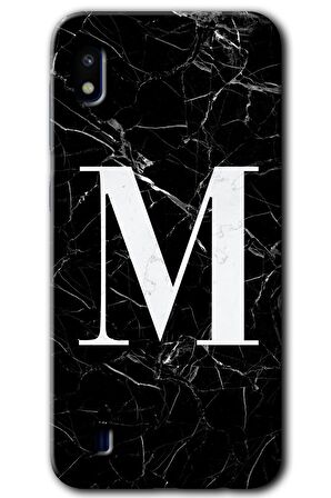 Galaxy A10 Kılıf HD Desen Baskılı Arka Kapak - Siyah Mermer Desenli M Harfi 