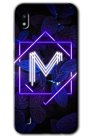 Galaxy A10 Kılıf HD Desen Baskılı Arka Kapak - Dark Neon Yaprak M Harfi 
