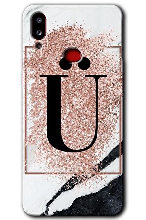 Galaxy A10s Kılıf HD Desen Baskılı Arka Kapak - Pembe Mermer Desenli Ü Harfi 