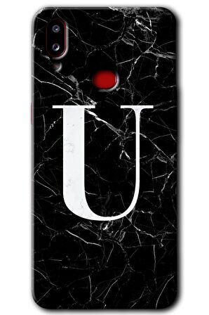 Galaxy A10s Kılıf HD Desen Baskılı Arka Kapak - Siyah Mermer Desenli U Harfi 