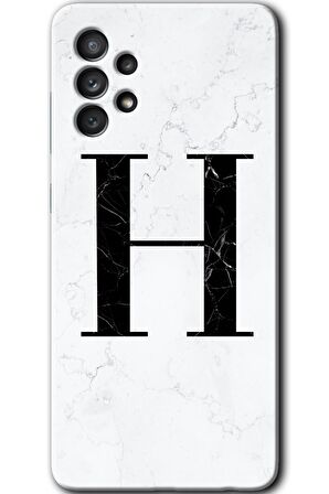 Galaxy A13 Kılıf HD Desen Baskılı Arka Kapak - Beyaz Mermer Desenli H Harfi 