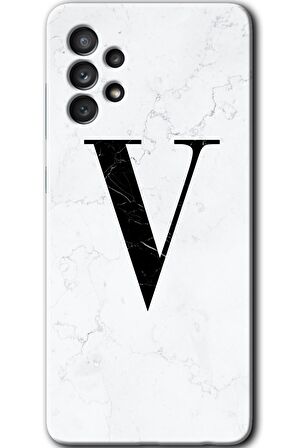 Galaxy A13 Kılıf HD Desen Baskılı Arka Kapak - Beyaz Mermer Desenli V Harfi 