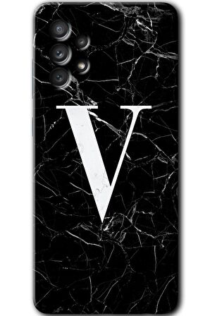 Galaxy A13 Kılıf HD Desen Baskılı Arka Kapak - Siyah Mermer Desenli V Harfi 
